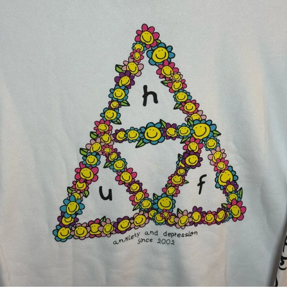 HUF Triple Triangle Anxiety and Depression Smiley Flower Crewneck Sweatshirt- L